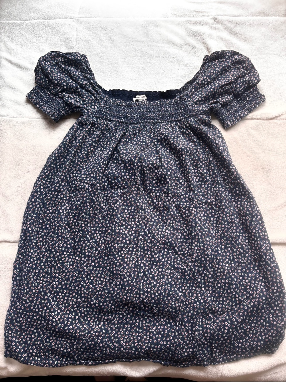American Eagle Outfitters Navy Smocked Top with White and Red Flecks